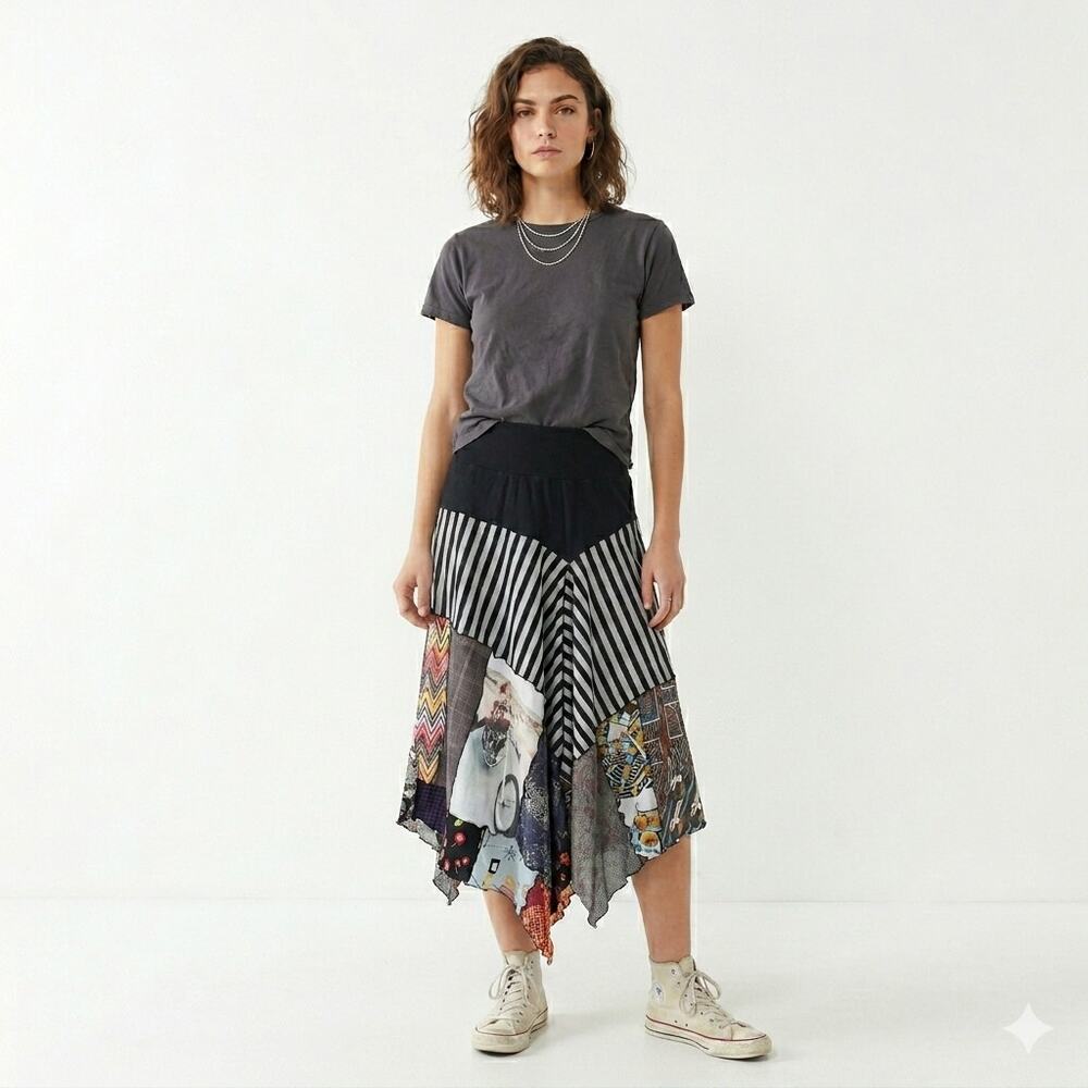 Vintage y2k Christy Fisher Patchwork Asymmetric Handkerchief Skirt M Maximalist